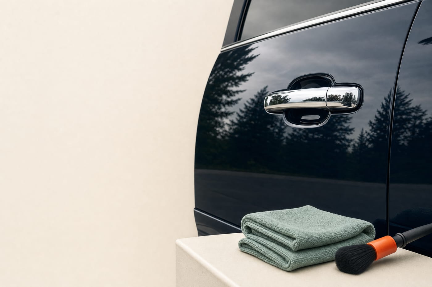 Detailing brush and microfiber cloth beside a polished vehicle